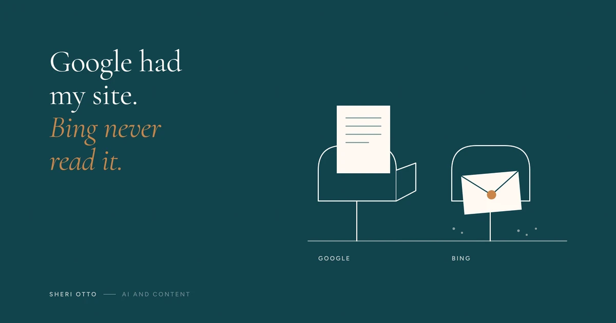 Illustration of two mailboxes. One holds an open, read letter. The other holds a sealed, dusty envelope. Google had my site. Bing never read it.