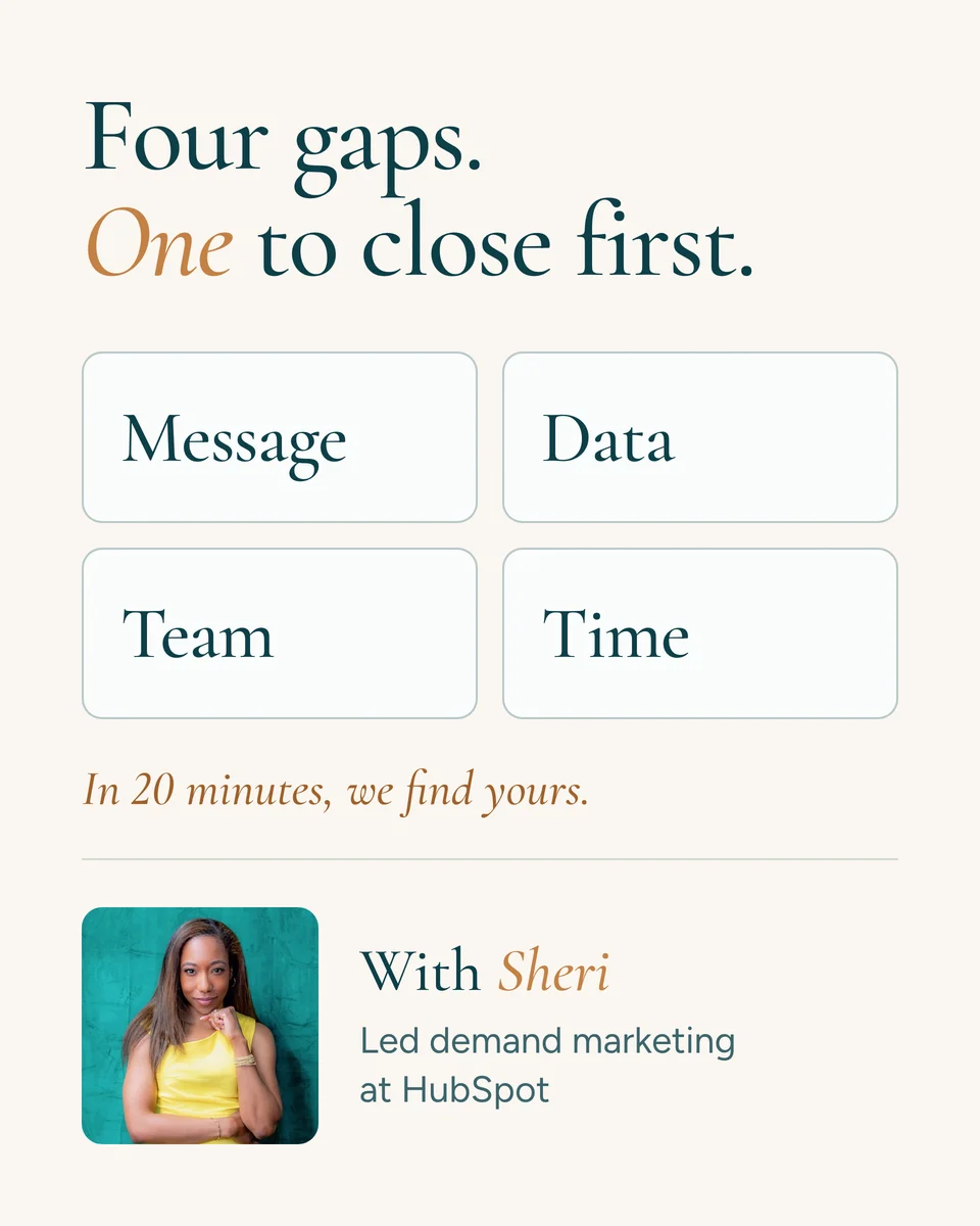 Four gaps, one to close first: message, data, team, time. In 20 minutes, we find yours. With Sheri, who led demand marketing at HubSpot.